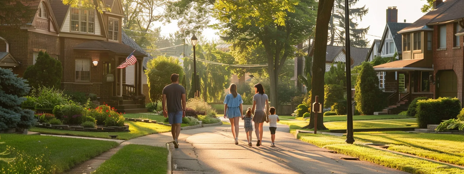 a family walking through a vibrant farmington hills neighborhood, examining charming homes and lush landscaping to understand the local real estate market.