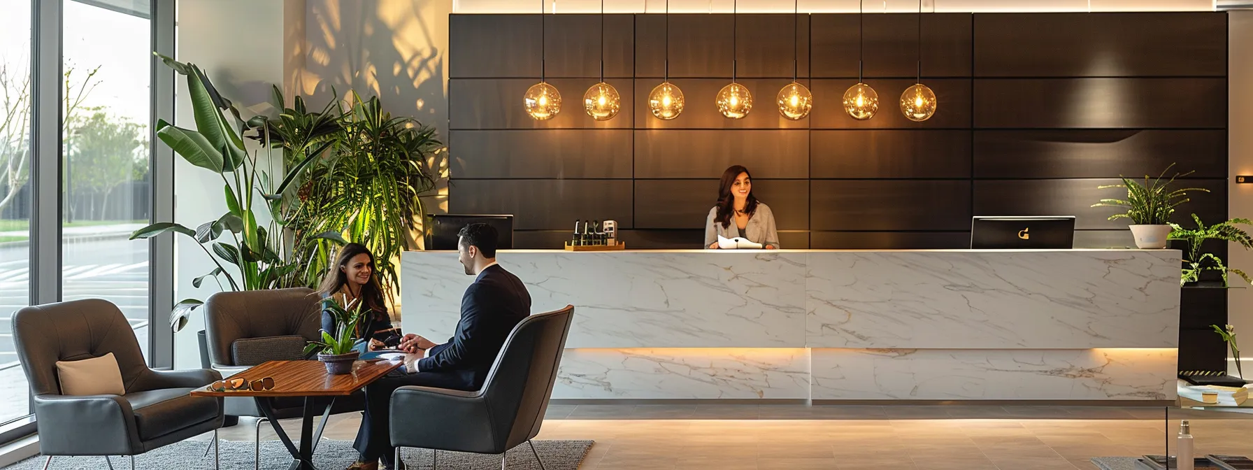 a couple sitting at a sleek, modern desk in an office, discussing mortgage options with a professional broker in farmington hills.