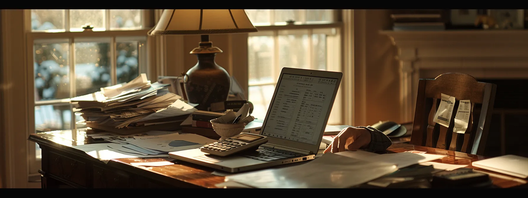 a person sitting at a desk with a laptop surrounded by papers and calculators, comparing different mortgage options in a cozy home office setting in farmington hills.