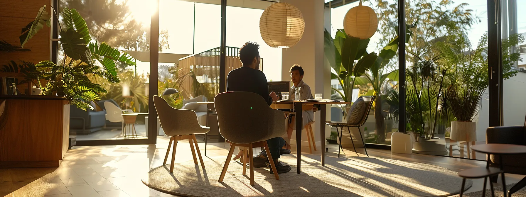 a person discussing home buying options with a real estate agent in a bright, modern office setting.