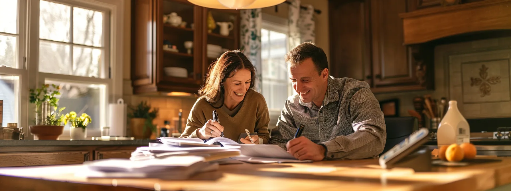 a couple happily signing papers at a cozy farmhouse kitchen table surrounded by stacks of house blueprints and a friendly real estate agent in farmington hills.