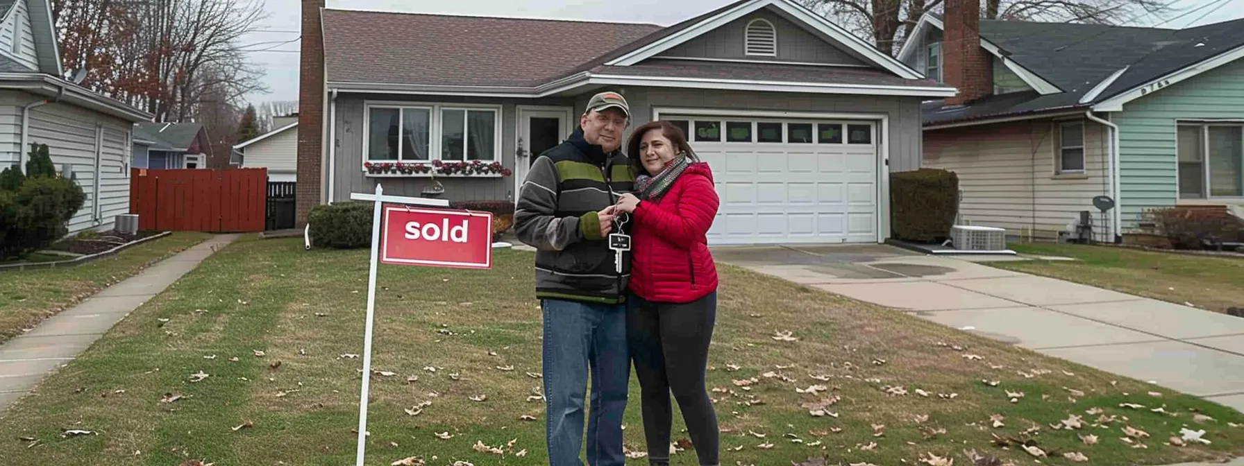 a couple standing in front of a charming suburban home, holding a set of keys with a 