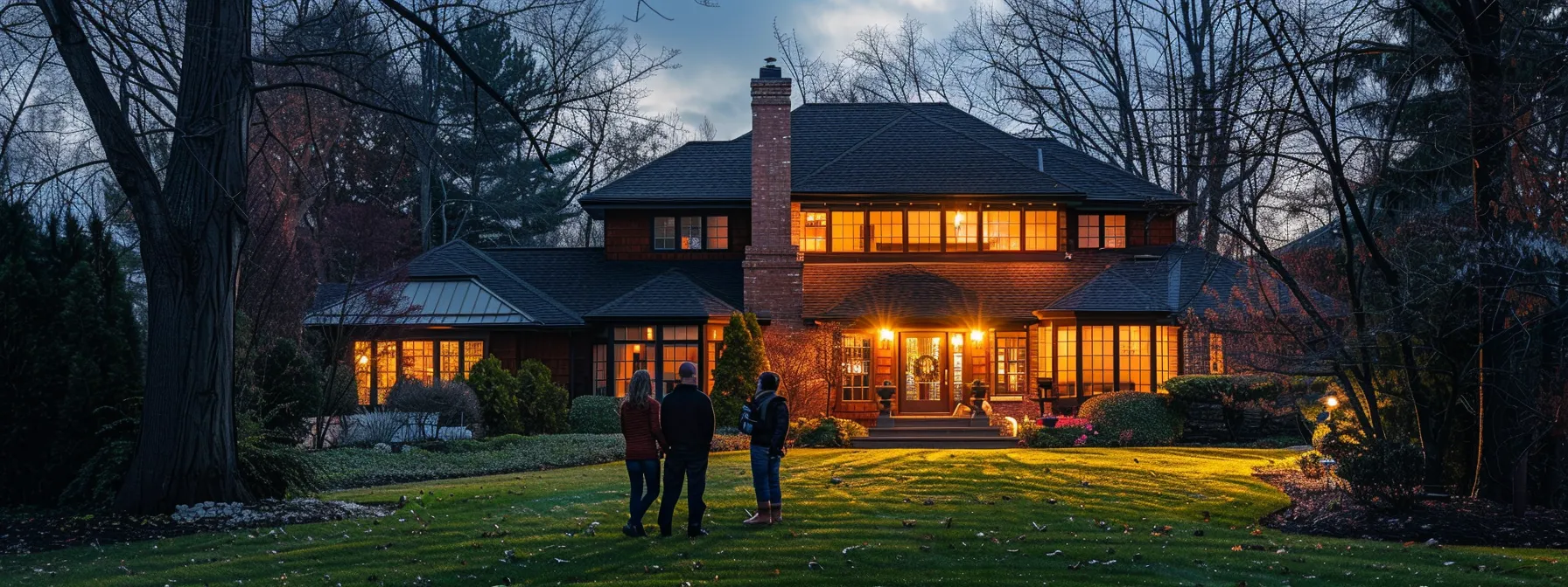 a family standing in front of a charming farmington hills home with a local real estate agent, analyzing market trends and discussing competitive offers.