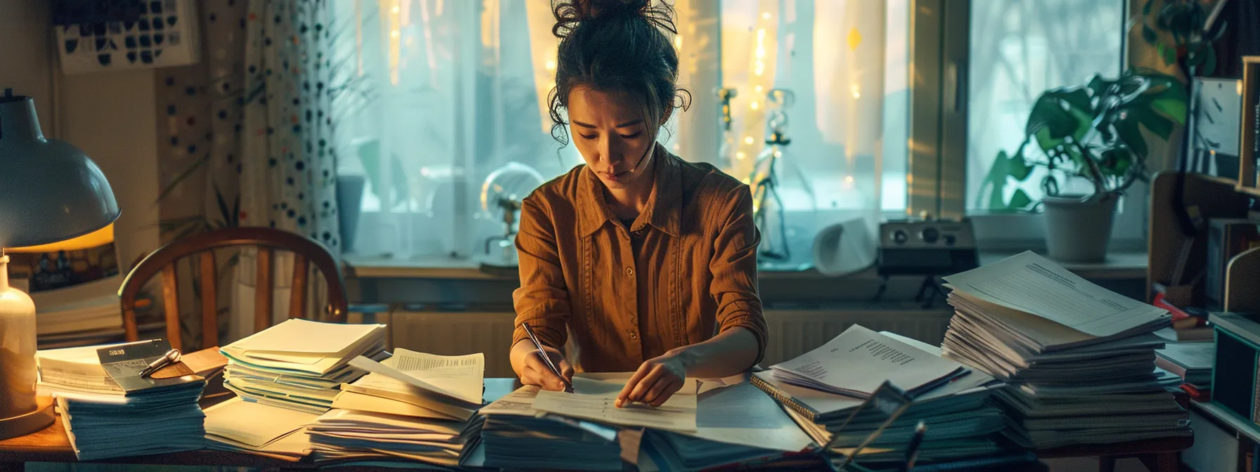 a person sorting and organizing financial documents on a desk in a well-lit room, with a focused and determined expression.