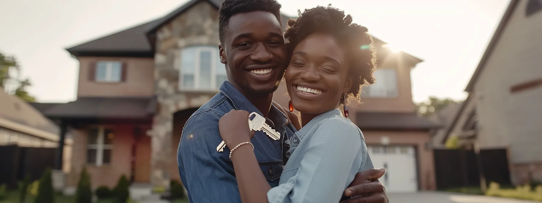 a smiling couple holding a set of keys in front of a beautiful new home in farmington hills, symbolizing the successful completion of the final steps to homeownership.