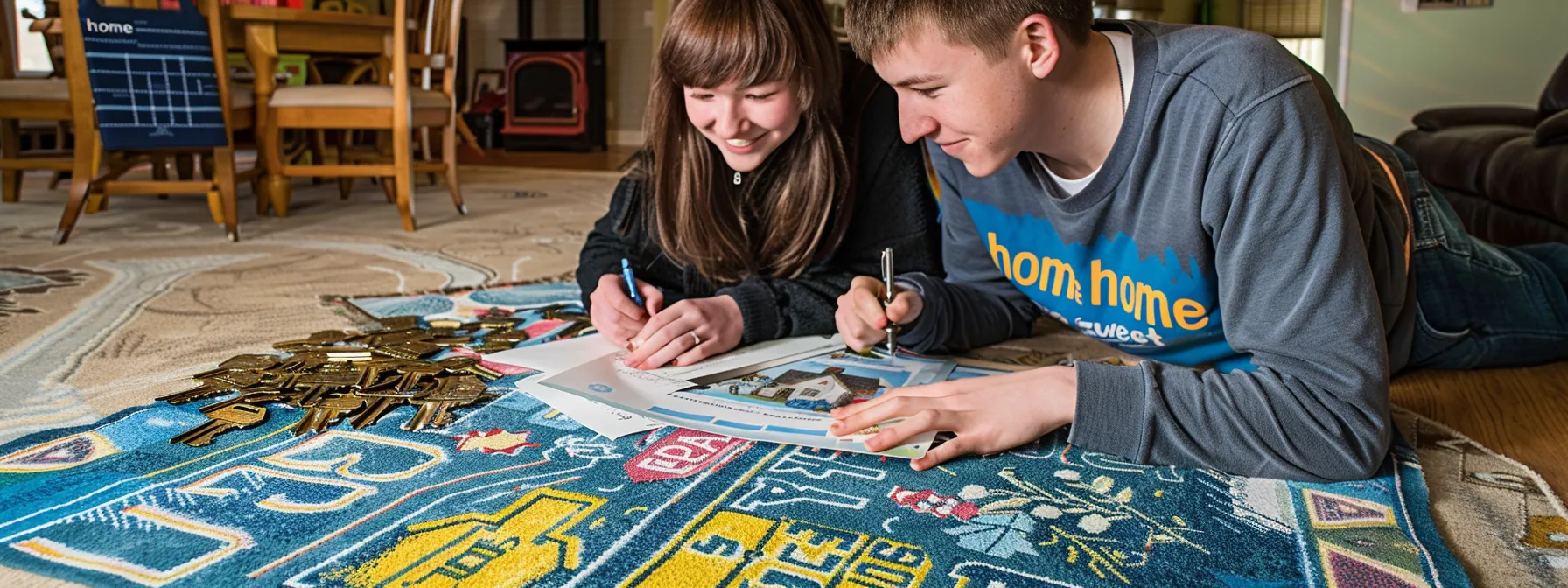 a young couple excitedly signing paperwork for their first home in farmington hills, surrounded by colorful house keys and a welcoming "home sweet home" doormat.