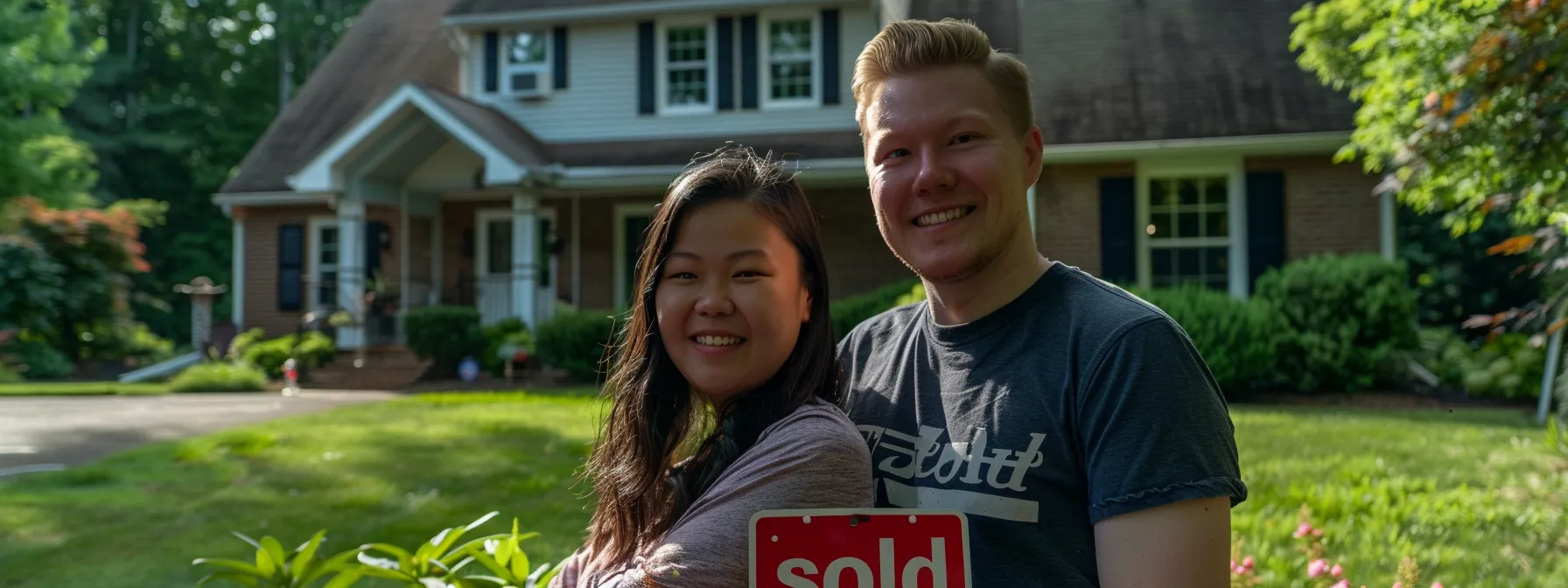 a young couple smiling in front of their cozy farmington hills home, surrounded by lush greenery and a 